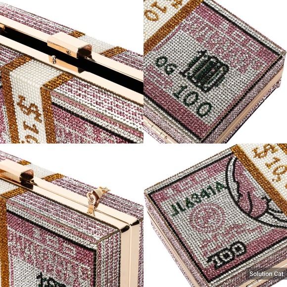 Pink Dollar Style Evening Bag with Diamond Design Shoulder Bag/Wallet/Clutch - Picture 3 of 7